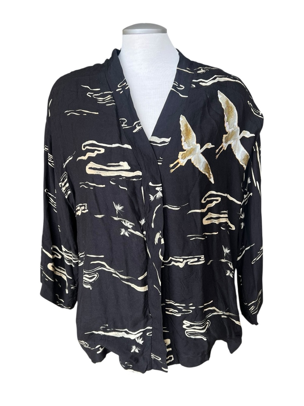 Massimo Dutti Black Crane-Print Kimono Style Top